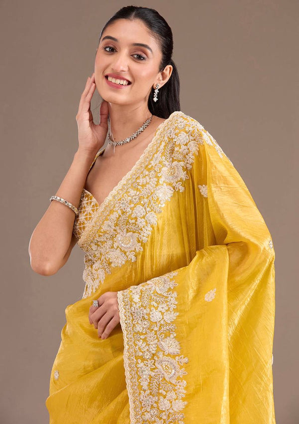 Yellow Tissue Saree with Gold Crush Sequin Embroidery Work
