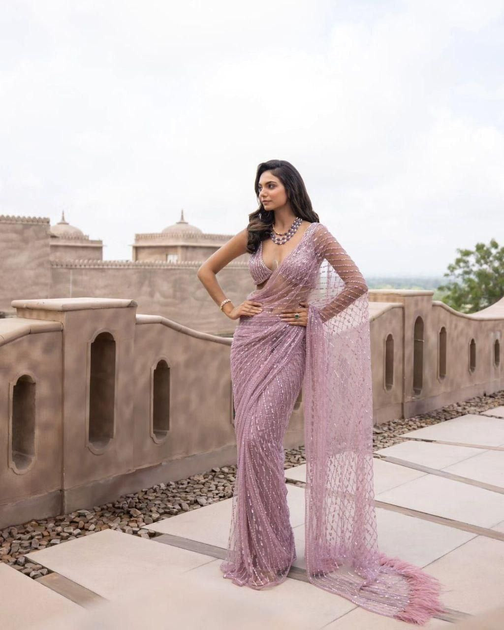 Lilac Dream Feather Kissed Tulle Saree - Nonita Fashion