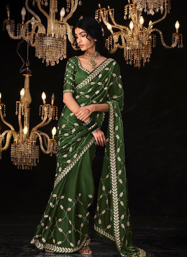 Mehndi Green Organza Silk Saree with Thread Vine and Leaf Pattern and Sequin Embroidery Work