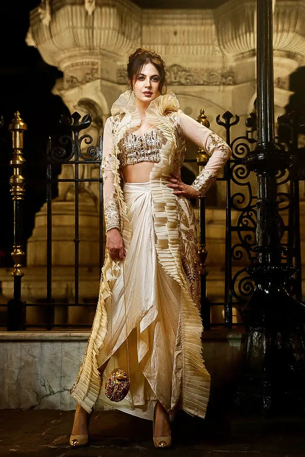 Ivory Sequin Embellished Skirt Set with Pleated Jacket – Luxury Indo-Western Statement Outfit for Women