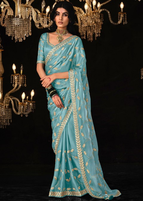 Sky Blue Organza Silk Saree with Thread Vine and Leaf Pattern and Sequin Embroidery Work