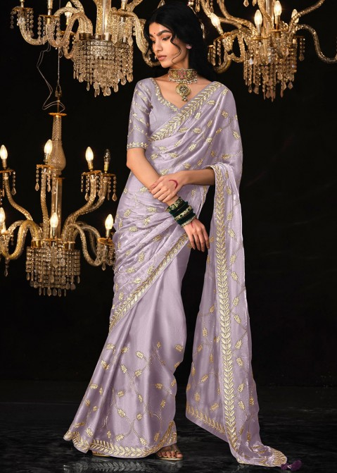 Lavender Organza Silk Saree with Thread Vine and Leaf Pattern and Sequin Embroidery Work