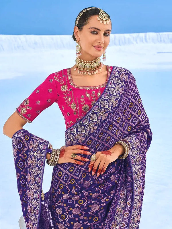 Purple Bandhani Georgette Saree with Intricate Zari Embroidery & Pink Embroidered Blouse