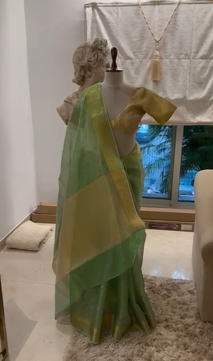 Green Banarasi Organza Silk Saree with Dual Tone Dotted Checks Pattern and Leaf Design Gold Zari Border