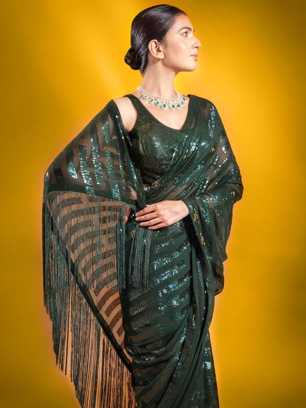 Green Shimmer Georgette Saree with Sequin Embroidery Work