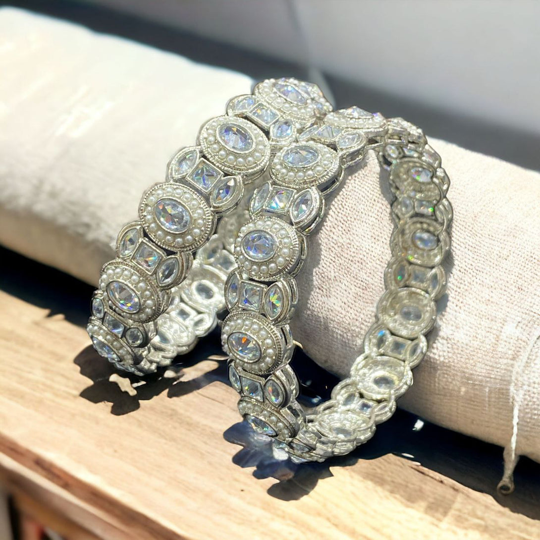 Silver Plated Polki and Beaded Bangles - Nonita Fashion