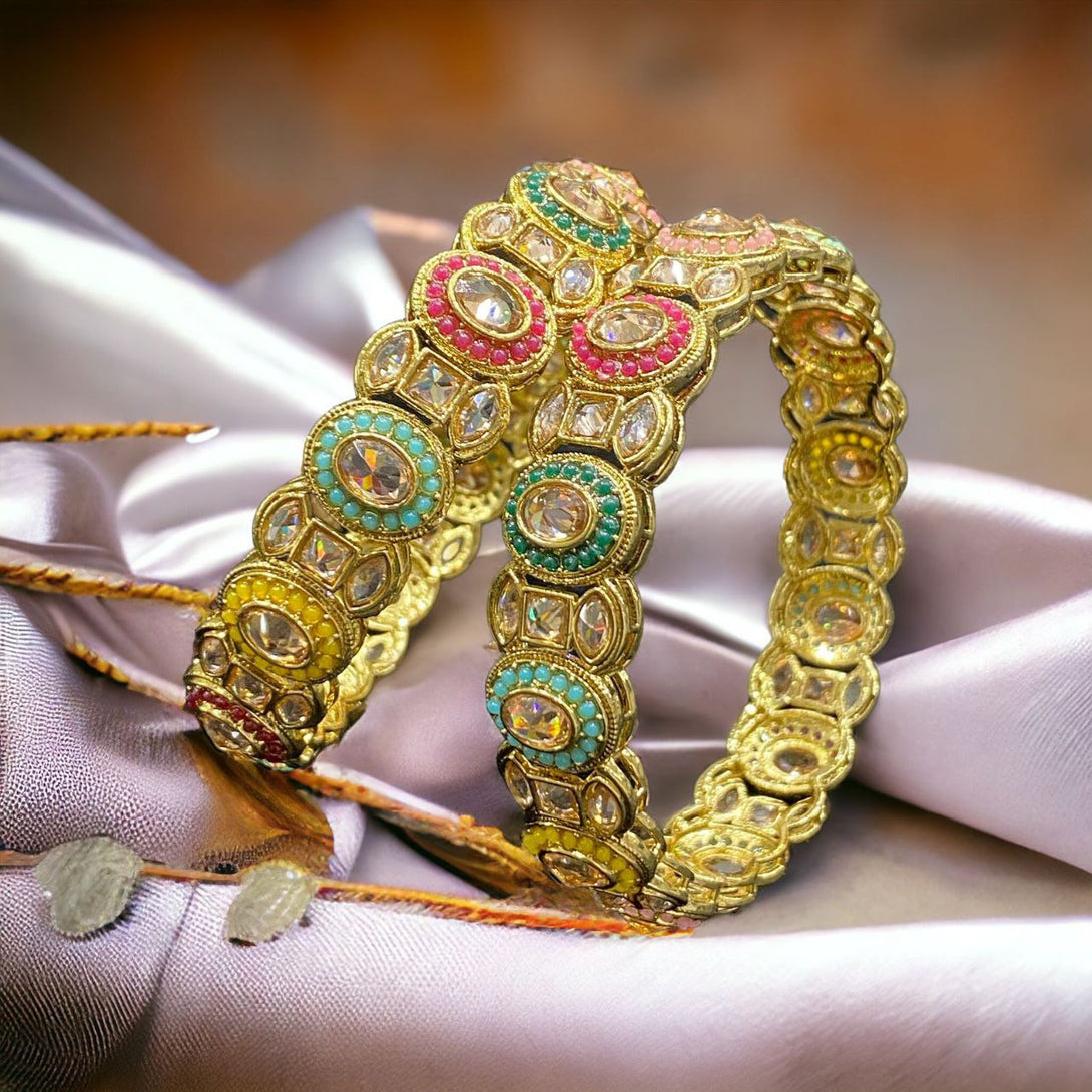 Gold Plated Kundan and Multicolor Beaded Bangles - Nonita Fashion