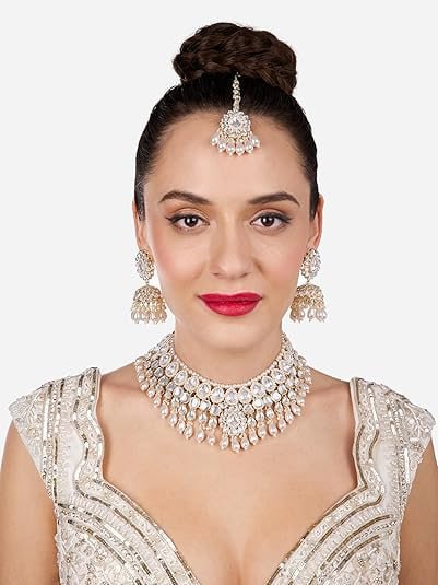 Pearls Gold Tone Kundan Artificial Stones & Beads Bridal Necklace, Earrings & Maangtikka Set - Nonita Fashion