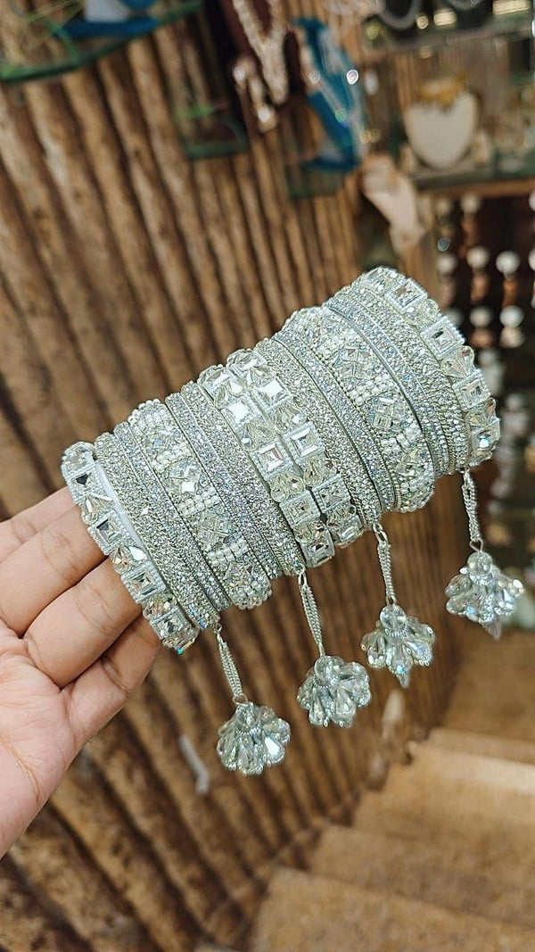 Sadhana Silver Square Moti Work with Beautiful Stone & Hanging Bangles