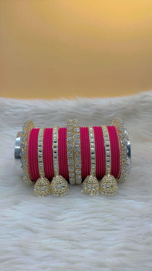 Kashish Red Gold Plated Kundan Stone & Jhumar Bangles Set