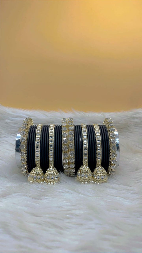 Kashish Black Gold Plated Kundan Stone & Jhumar Bangles Set