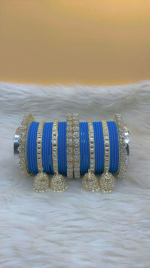 Kashish Sapphire Blue Gold Plated Kundan Stone & Jhumar Bangles Set