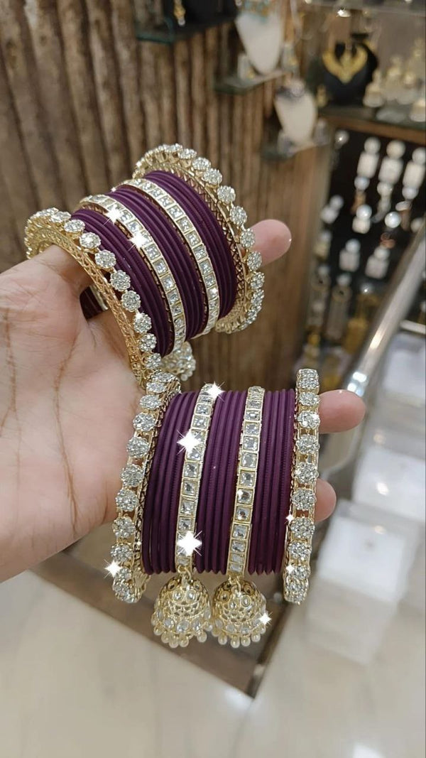 Kashish Wine Gold Plated Kundan Stone & Jhumar Bangles Set