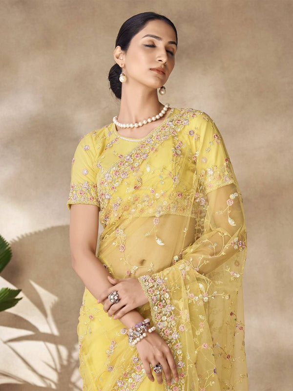 Yellow Net Saree with Stone Work and Thread Embroidery