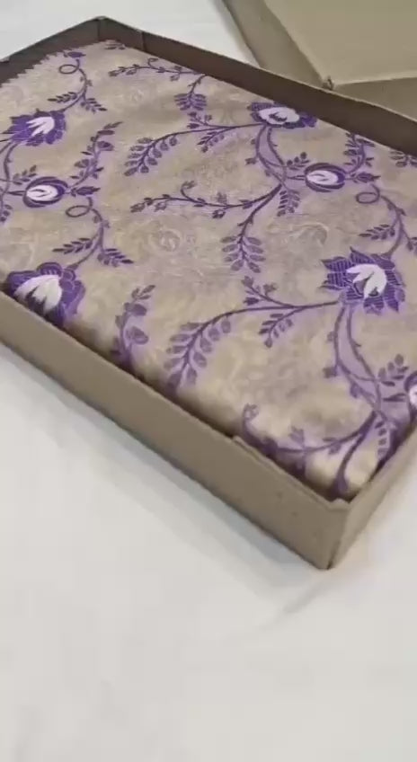 Pure Banarasi Tissue Silk Saree with Nude-Gold Base, Gold Sheen &amp; All-Over Floral Lilac Jaal