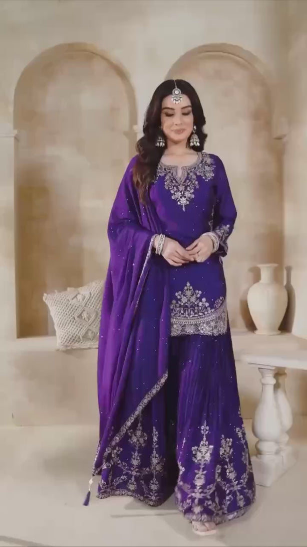 Purple Georgette Sharara with Heavy Thread Embroidery and Floral Design
