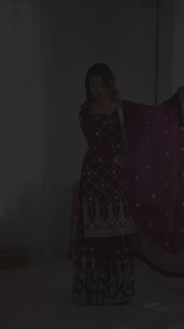 Purple Georgette Sharara with Sequin Embroidery and Thread Work
