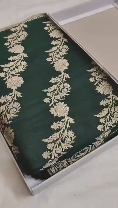 Green Handloom Katan Silk Saree with Golden Zari Work

