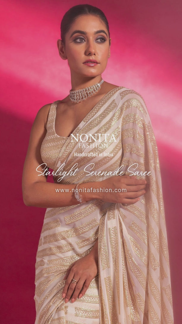 Beige Georgette Saree with Dazzling Sequin Stripes
