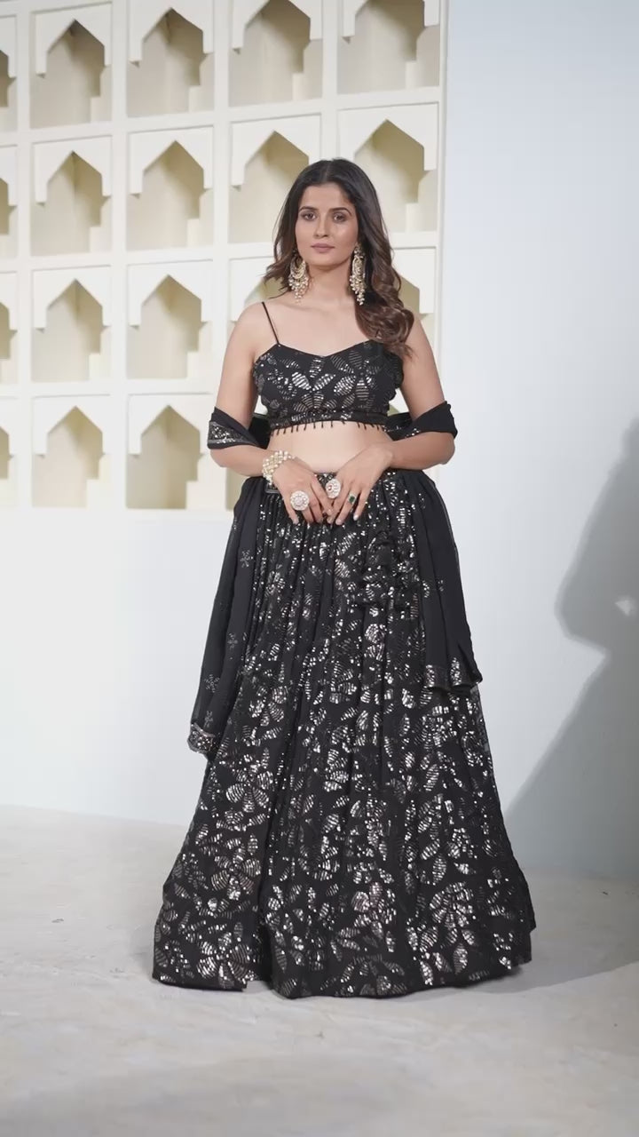 Black Georgette Lehenga with Heavy Sequin Embroidery and Stone Work
