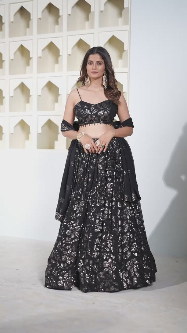 Black Georgette Lehenga with Heavy Sequin Embroidery and Stone Work
