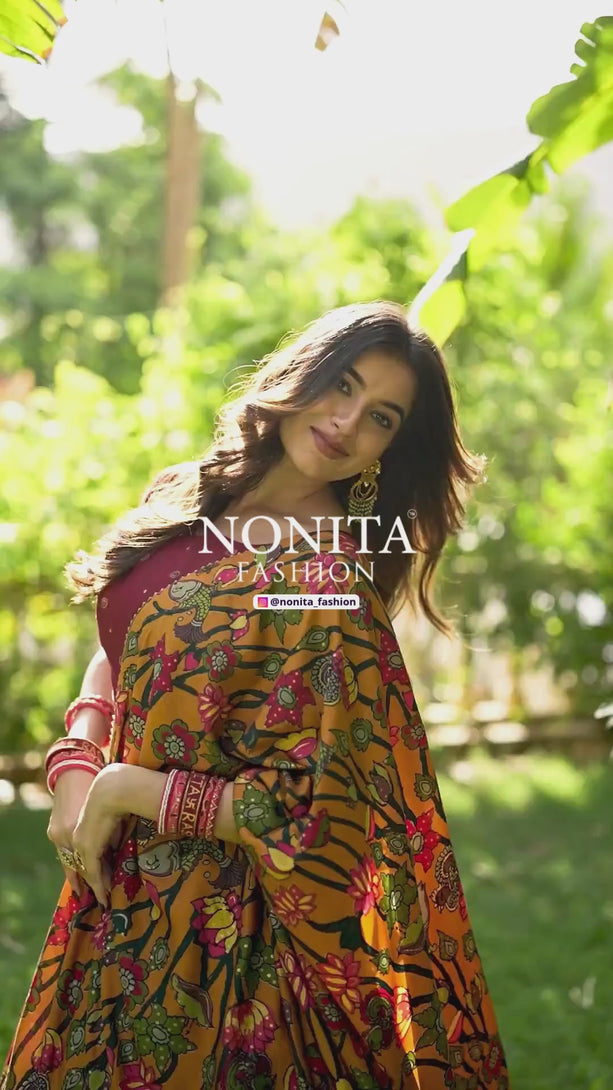 Red Tussar Silk Lehenga with Printed Motifs and floral Traditional Design
