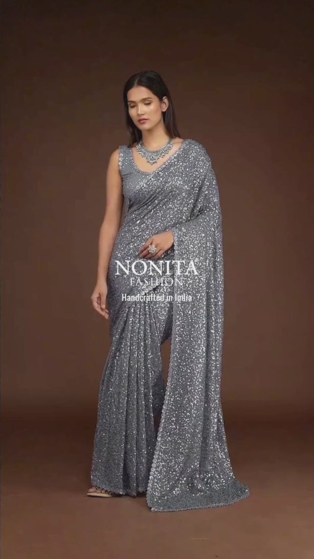 Silver Shimmer Georgette Saree with All Over Heavy Sequin Embroidery 