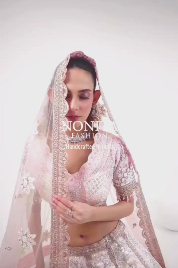 Pink Georgette Bridal Lehenga with Floral Embroidery and Mirror, Zari & Appliqué Work
