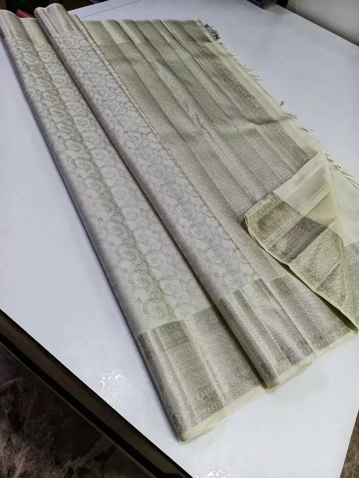 White Kanchipuram Silk Saree with Zari Work and Border
