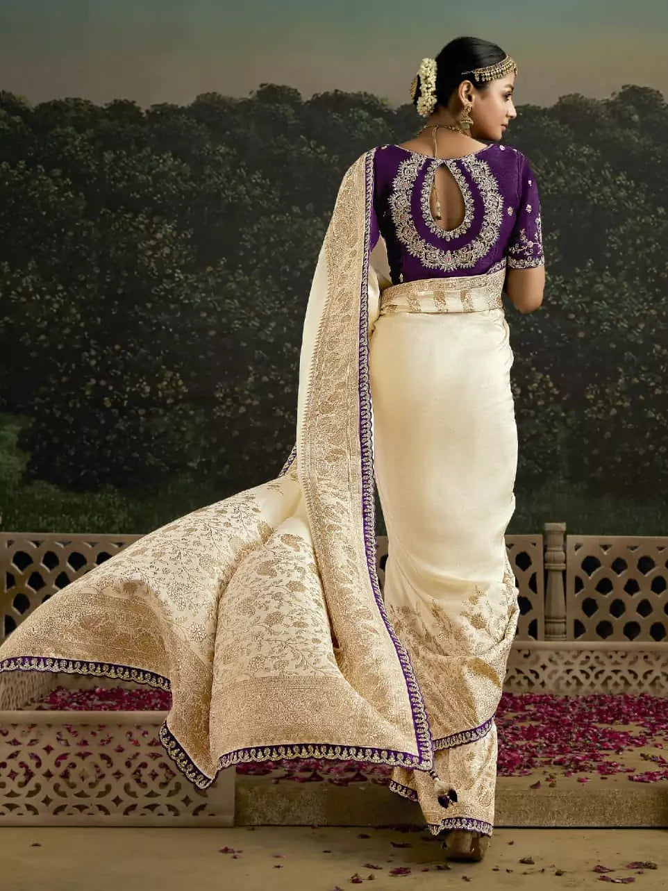 Beige Heavy Silk Saree with Gold Zari and Embroidery Work All-Over & Heavy Embroidery Purple Blouse