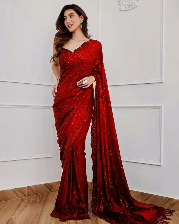 All-Over Wine Red Sequin Saree All Eyes on You – Nonita Label