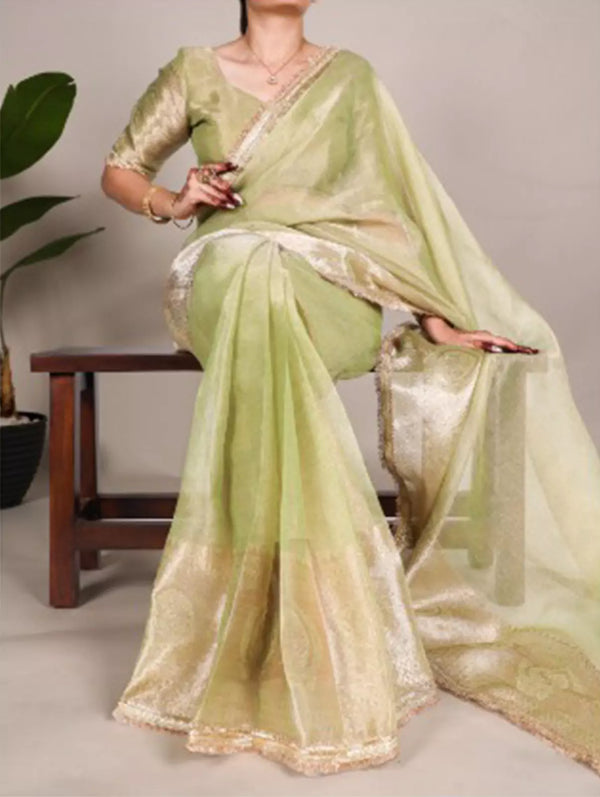 Mint Green Shimmer Tissue Saree with Zari and Sequin border work