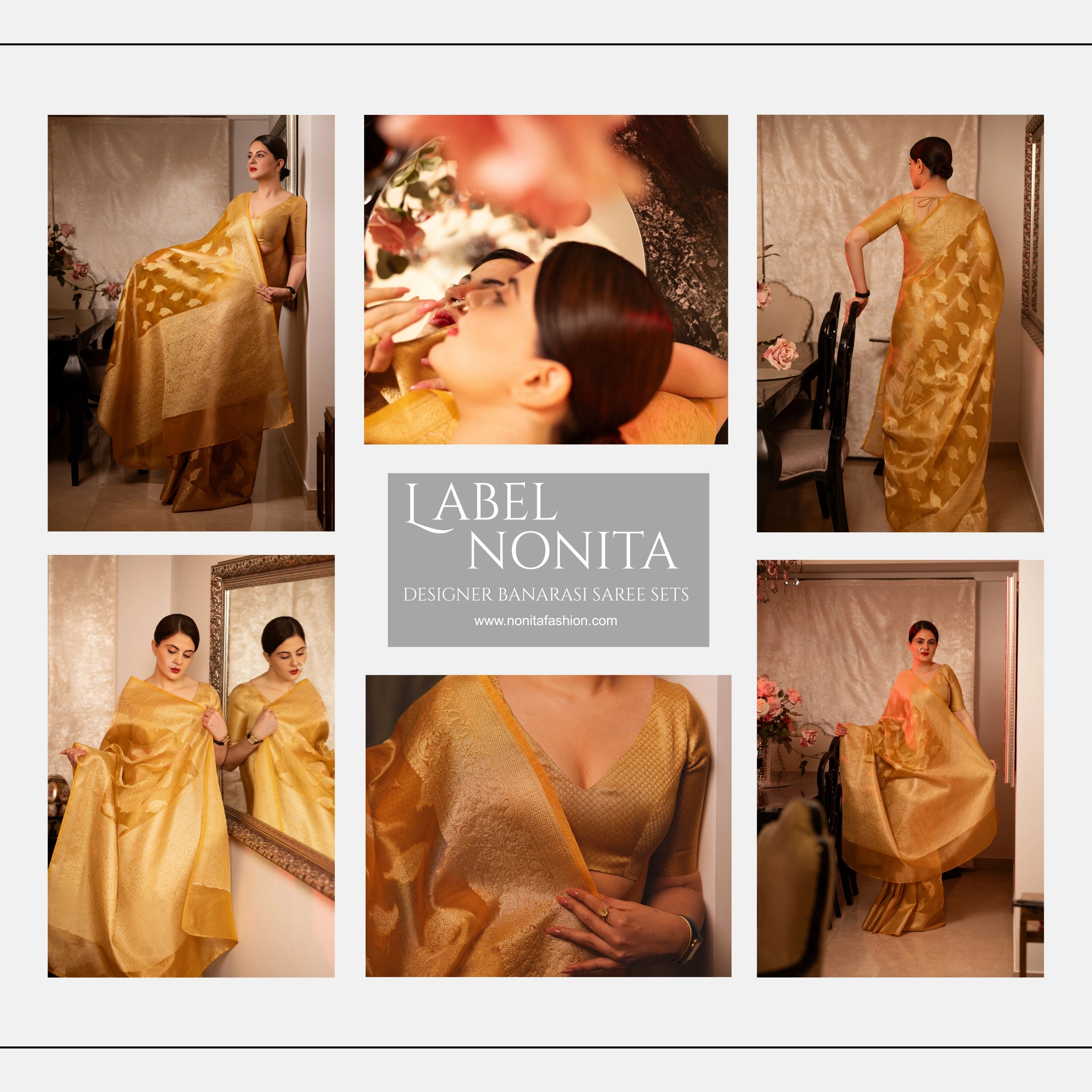 Yellow Banarasi Silk Saree with Pure Gold Zari Leaf Design and Matching Checked Blouse